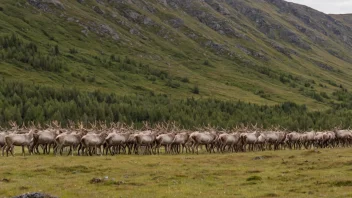 En gruppe villrein som beiter i et fjellområde