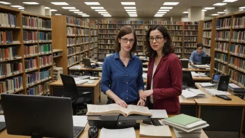 En universitetsbibliotekar som arbeider i et moderne bibliotek, med et vennlig og hjelpsomt uttrykk.