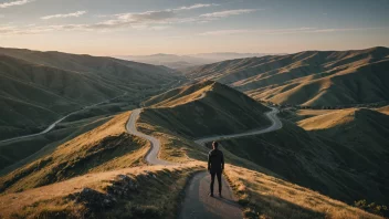 En person som står på et fjell og ser ut på et fjernt landskap.