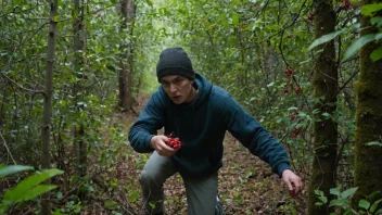 En person med en kurv, som plukker bær fra en busk i en skog