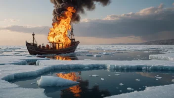 Et bilde av en brann som brenner på eller under is, med en fiskebåt eller skip i bakgrunnen.