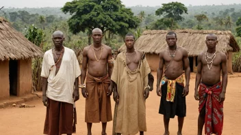 En gruppe azandefolk i tradisjonelle klær, stående foran en landsby i Sentral-Afrika.