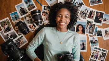 En person med et stort smil og et kamera, omgitt av bilder og fotografiutstyr.