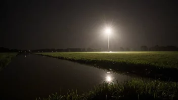 Et flomlyst som lyser ned på en oversvømmet gate om natten, med vann som dekker veien og omkringliggende bygninger.