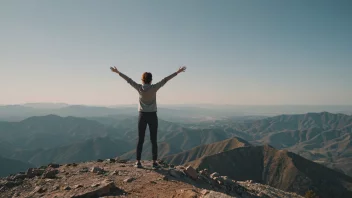 En person som roper på toppen av et fjell, med et klart og vidstrakt landskap i bakgrunnen.