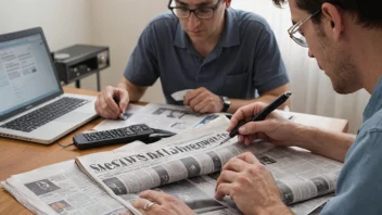 En person leser en avis med et forstørrelsesglass, med en laptop og en radio i bakgrunnen, som illustrerer konseptet medieoppslag.