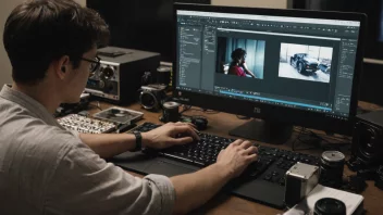 En person som redigerer en film på en datamaskin, med video- og filmklipp på skrivebordet og hyllene i bakgrunnen.