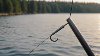 En skarp krok med flere brodder, festet til en fiskesnøre.