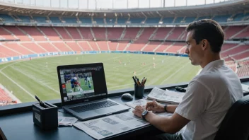 En sportsredaktør som sitter ved et skrivebord og arbeider på en datamaskin med en avis og et sportsstadion i bakgrunnen.