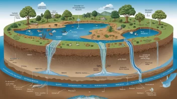 Et bilde som viser kompleksiteten av grunnvannsforhold, inkludert ulike lag med vann og akviferer, og økosystemene som er avhengige av dem.