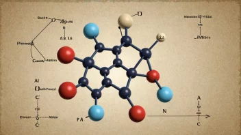 En illustrasjon av et molekyl sammensatt av ulike atomer, med en subtil bakgrunn av kjemiske formler og ligninger.