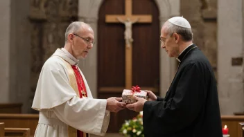 En person tilbyr en gave til en prest i en kirke, symboliserer takknemlighet og påskjønnelse.