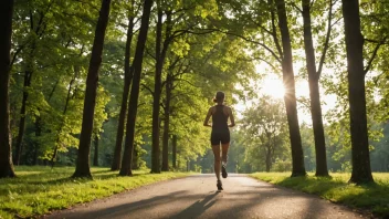 En person som jogger eller sykler i en park eller skog, med en solfylt himmel og grønne trær i bakgrunnen.