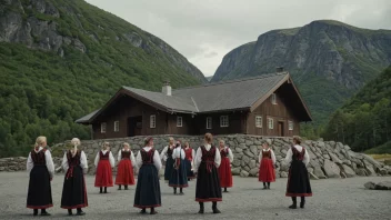 Et malerisk bilde av en særegen kulturell plass eller gruppe i Norge, med tradisjonell arkitektur og mennesker i tradisjonelle klær.