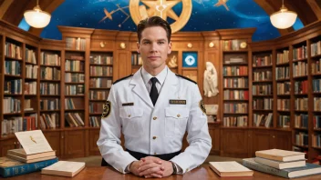 En scientolog i uniform, omgitt av scientologi-symbolet og litteratur.