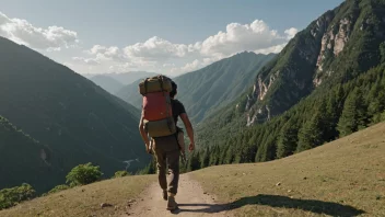 En person som bærer en tung byrde på ryggen, med et malerisk fjellandskap i bakgrunnen.