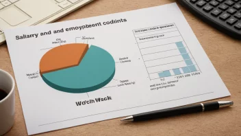 En illustrasjon av en graf som viser sammenhengen mellom lønn og arbeidsforhold, med en bakgrunn av et kontor eller arbeidsplass.