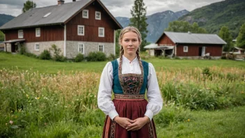 En tradisjonell norsk bondekone i tradisjonelle klær, stående foran et bondehus med en hage og åkre i bakgrunnen.