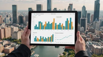 En person som analyserer numeriske data på en tablet, med en by i bakgrunnen.