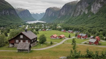 En idyllisk gård eller bygd i Norge med et skilt eller en bygning med navnet Årsheims