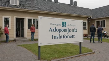 En bygning som huser et adopsjonsinstitutt, med en familie og et barn foran.