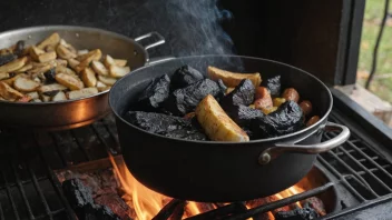 En kullild brenner i en ovn, med en gryte mat som koker på toppen.