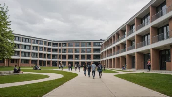 Et internatbygg med studenter som går inn og ut.