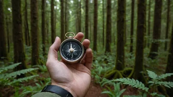 En person som navigerer gjennom en tett skog med et kompass i hånden.