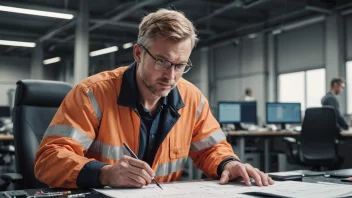 En ingeniør i hvit skjorte og slips, som jobber på et prosjekt med en laptop og papirer på et skrivebord.