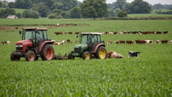 En bonde som arbeider i et jorde med en traktor og kuer i bakgrunnen