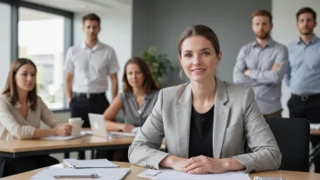 En leder som sitter ved et skrivebord med et team av mennesker i bakgrunnen.