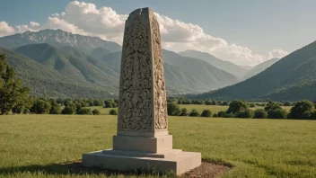 Et steinmonument med intrikate utskjæringer, stående i en åker med en fjellkjede i bakgrunnen.