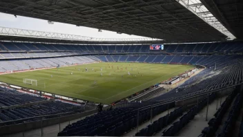 Et idrettslag i aksjon, med et stadion eller en arena i bakgrunnen