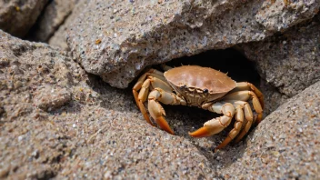 En liten krabbe som gjemmer seg i en sprekk i en stein nær havet