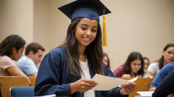 En student sitter ved et skrivebord og fyller ut en blanket og betaler semesteravgift til en universitetsadministrator.