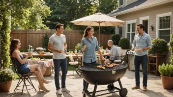 En sommerscene med mennesker som griller og sosialiserer i en bakgård.