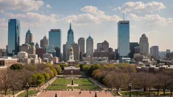 Et panoramabilde av Philadelphias bybilde, med Frihetsklokken og Independence Hall i forgrunnen.