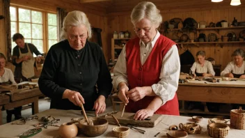 En gruppe mennesker som arbeider med tradisjonelt norsk håndverk, som treskurd, veving og keramikk.