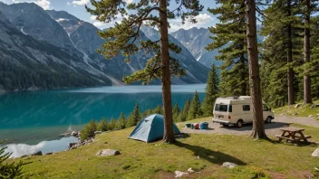 En fredelig campingplass i fjellet med et telt og en campingvogn.