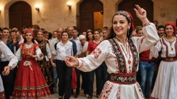 En person som bærer en tradisjonell albansk folkedrakt, danser i en festlig atmosfære.