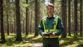 En skoginspektør i en norsk skog, som overvåker skogen og sikrer bærekraftig bruk av skogressurser.