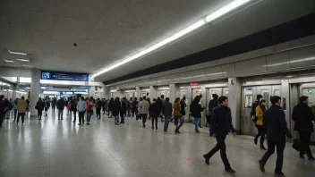 Et travel metrosenter med en stor inngang og mange mennesker som går inn og ut.