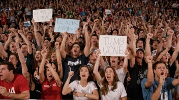 En stor gruppe entusiastiske fans som heier og holder opp skilt på en konsert eller sportsbegivenhet.