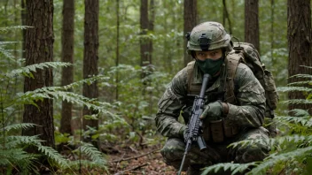 En person i kamuflasjeutstyr som gjemmer seg i en skog.