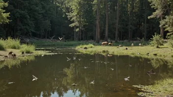 En fredelig vanndam i en skog med dyr og fugler