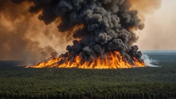 En skogbrann som sprer seg raskt i en skog, med flammer og røyk som fyller luften.