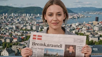 En person som holder en avis med en overskrift som leser 'Brennaktuell' på norsk, med en bysilhuett i bakgrunnen.