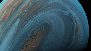 Planeten Neptun, med sin karakteristiske blå farge og sterke stormsystemer.