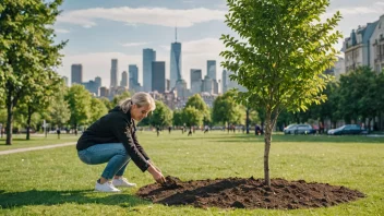 En person planter et tre i en park med en bysilhuett i bakgrunnen.