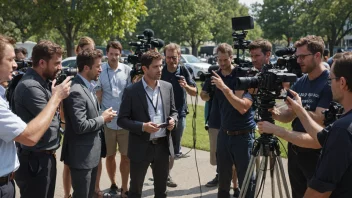 En person som blir intervjuet av flere journalister og kamerateam på samme tid.